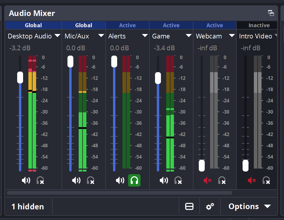 OBS Studio 混音器截图：桌面音频、麦克风等每路声音单独显示音量和静音按钮
