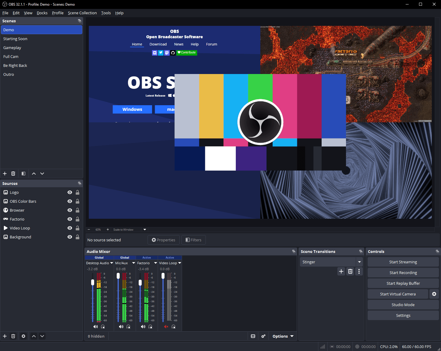 OBS Studio 主界面截图：上方是预览画面，下方是场景、源、混音器和控制按钮（官网英文界面截图）