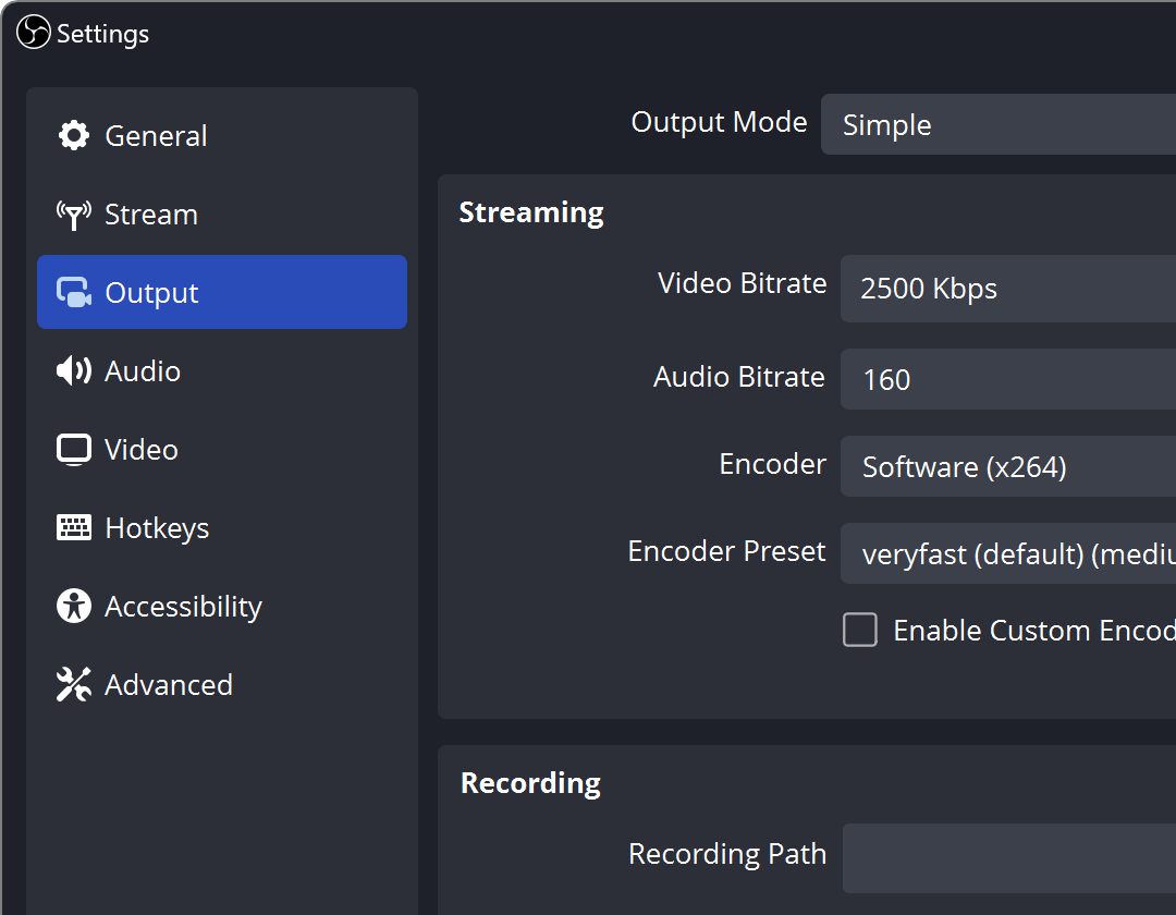 OBS Studio 设置窗口截图：左侧是常规、直播、输出、音频、视频、快捷键等分页